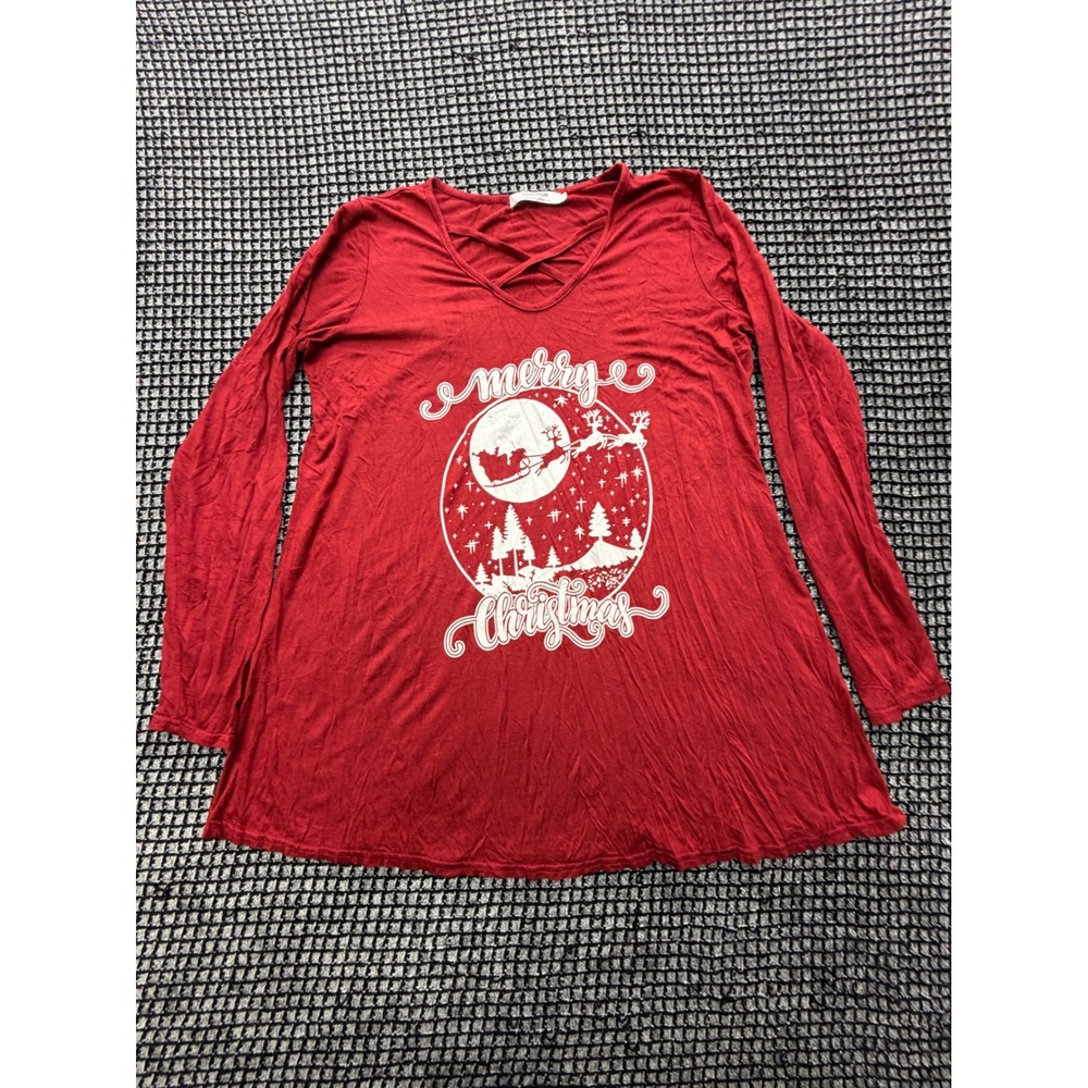 POGTMM Christmas Tunic Womens Medium Red Long Sleeve Strappy V-Neck